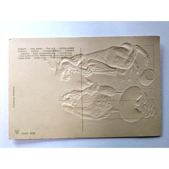 Easter Postcard Dressed Bunny Rabbit Apron Rooster PFB Embossed Hand Tinted 8736 - Picture 3 of 3